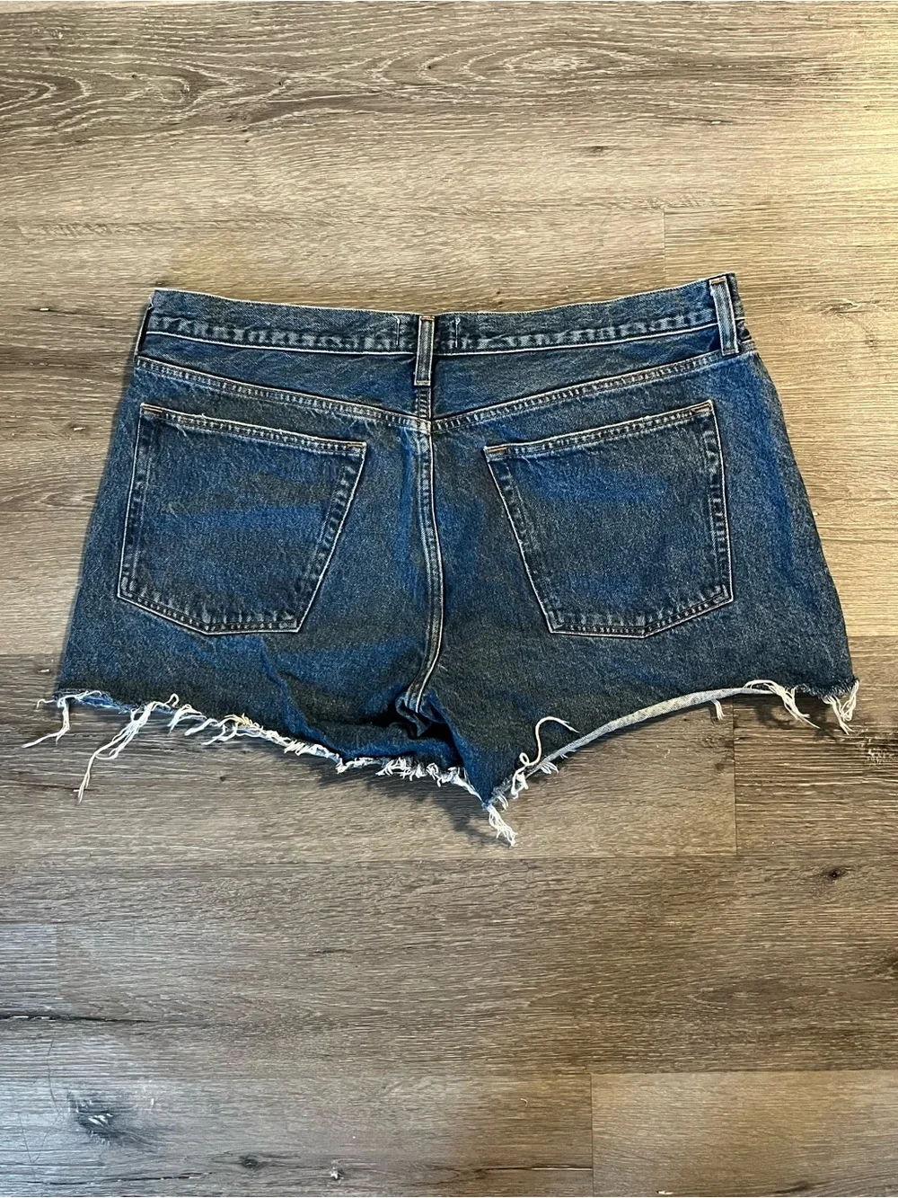 AGOLDE Blue Parker Long Denim Shorts Size 34 Raw Hem Distressed Organic Cotton